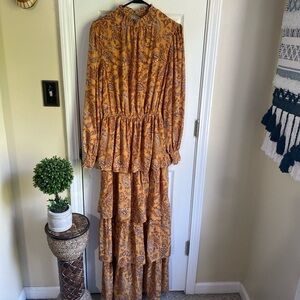 Beautiful Mustard Paisley Print Layered Dress, Like New!